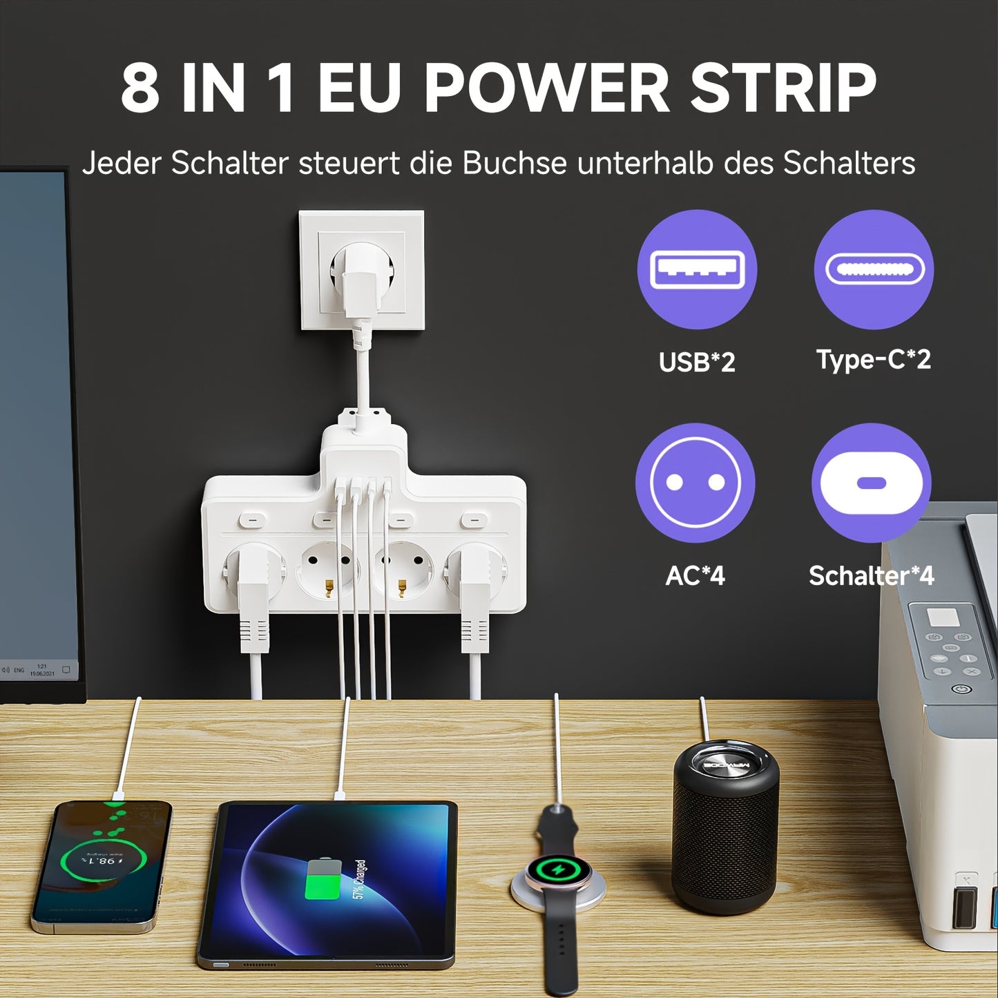 7-in-1 EU Stekkerdoos, Multi-Switch Stroomplug, 4 AC Stopcontacten, 2 USB en 2 Type-C, Muur Oplaadstation.