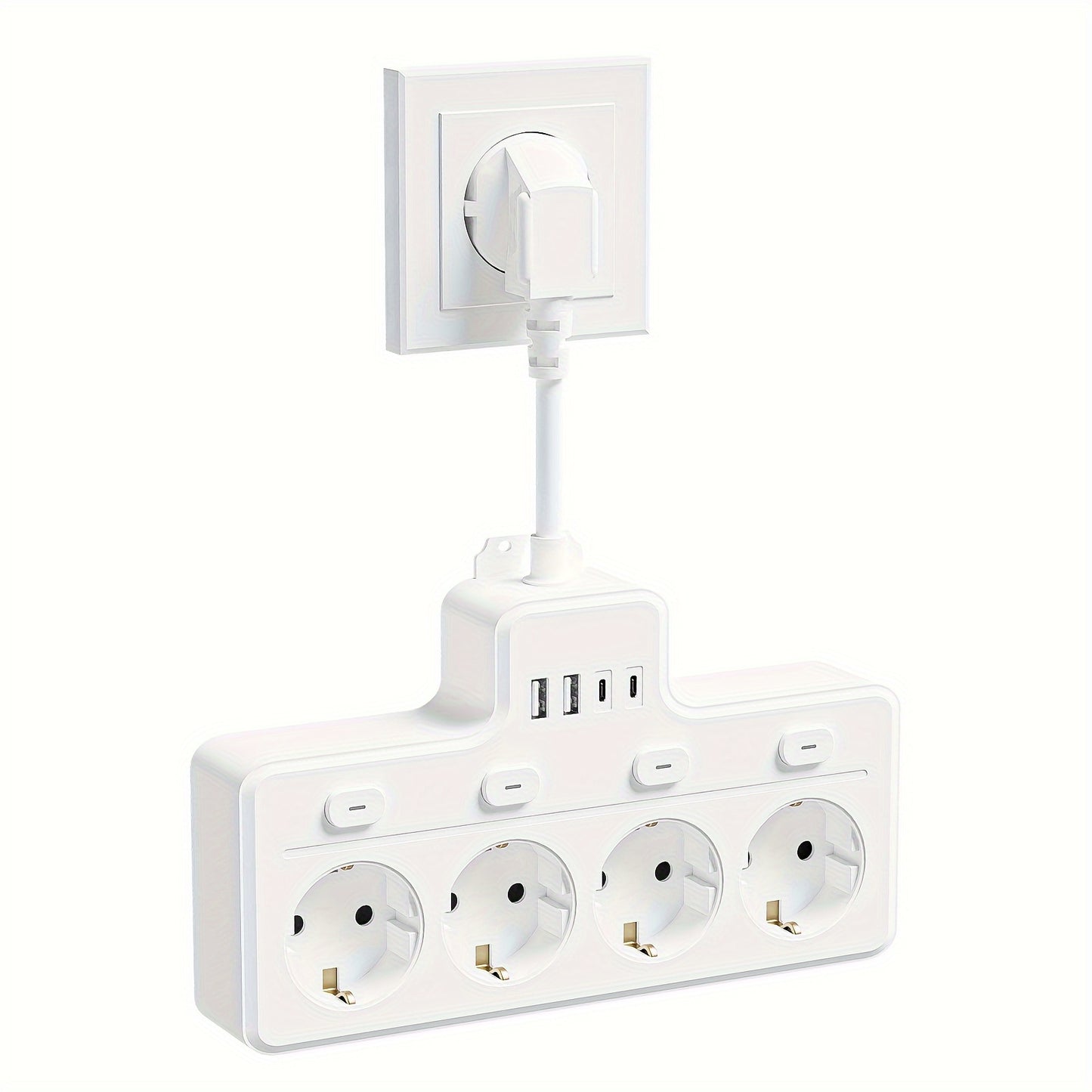 7-in-1 EU Stekkerdoos, Multi-Switch Stroomplug, 4 AC Stopcontacten, 2 USB en 2 Type-C, Muur Oplaadstation.