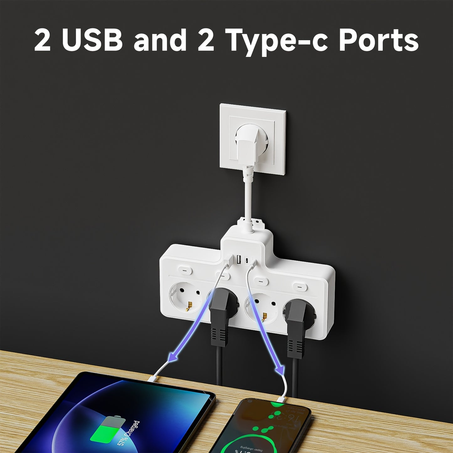 7-in-1 EU Stekkerdoos, Multi-Switch Stroomplug, 4 AC Stopcontacten, 2 USB en 2 Type-C, Muur Oplaadstation.