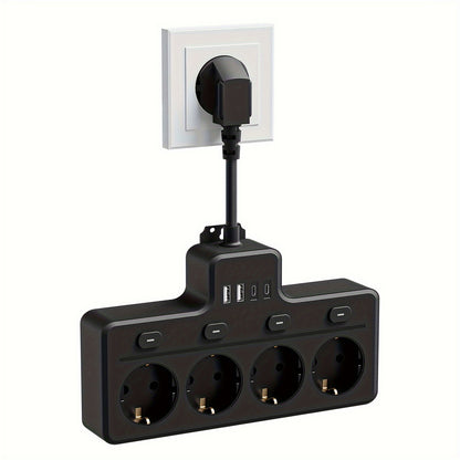 7-in-1 EU Stekkerdoos, Multi-Switch Stroomplug, 4 AC Stopcontacten, 2 USB en 2 Type-C, Muur Oplaadstation.