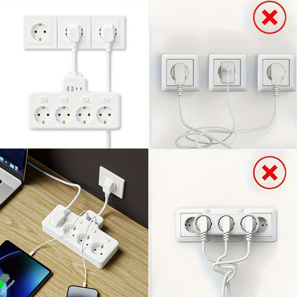 7-in-1 EU Stekkerdoos, Multi-Switch Stroomplug, 4 AC Stopcontacten, 2 USB en 2 Type-C, Muur Oplaadstation.